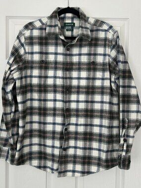 Orvis Flannel Shirt Mens Medium Classic Fit Plaid Heavyweight Faux Suede Trim